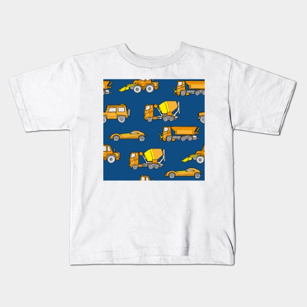 Vehicles orange on classic blue Kids T-Shirt by kobyakov